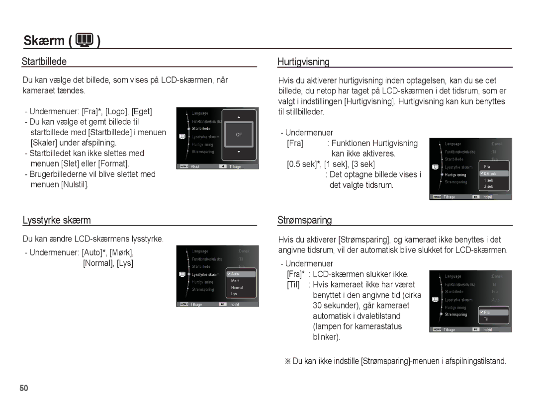 Samsung EC-PL55ZZBPSE2, EC-PL55ZZBPUE2 manual Startbillede, Hurtigvisning, Lysstyrke skærm, Strømsparing 