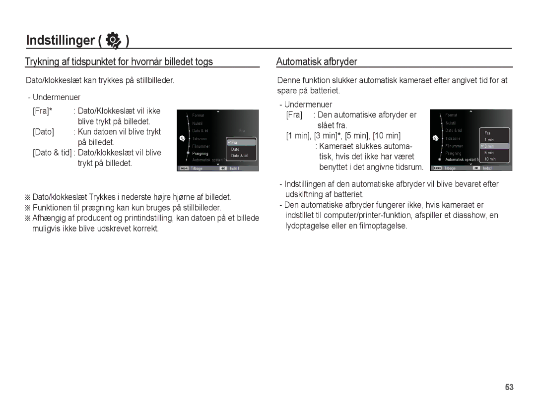 Samsung EC-PL55ZZBPUE2 På billedet, Blive trykt på billedet, Dato & tid Dato/klokkeslæt vil blive trykt på billedet 