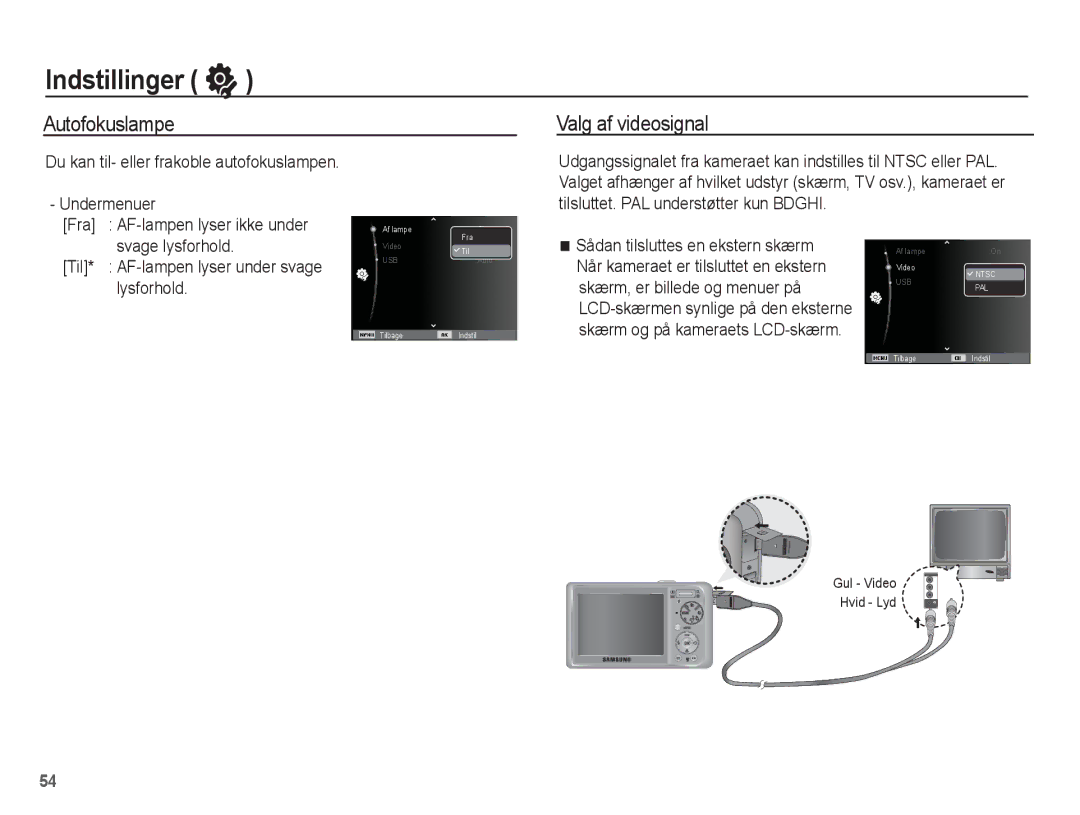 Samsung EC-PL55ZZBPSE2 manual Autofokuslampe Valg af videosignal, Du kan til- eller frakoble autofokuslampen Undermenuer 