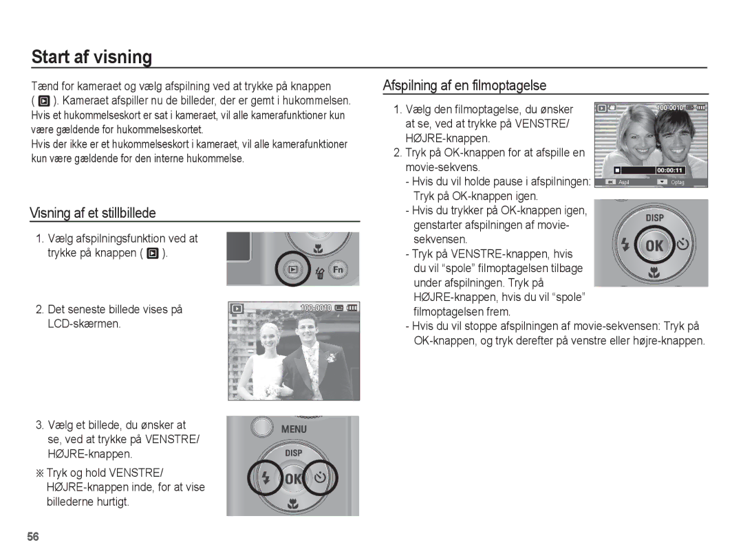 Samsung EC-PL55ZZBPSE2, EC-PL55ZZBPUE2 manual Start af visning, Visning af et stillbillede, Afspilning af en filmoptagelse 