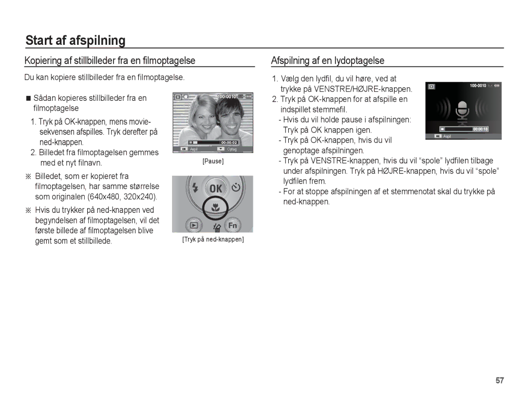 Samsung EC-PL55ZZBPUE2 Start af afspilning, Kopiering af stillbilleder fra en filmoptagelse, Afspilning af en lydoptagelse 