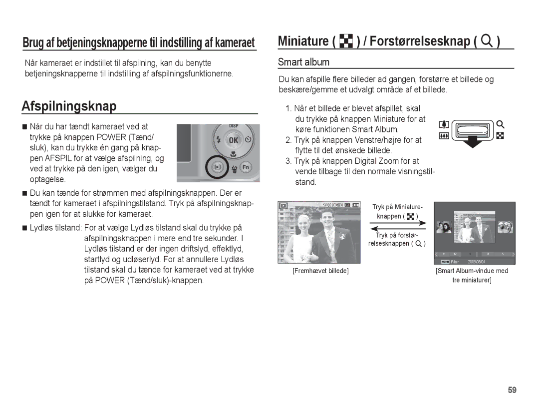 Samsung EC-PL55ZZBPUE2 manual Afspilningsknap, Miniature º / Forstørrelsesknap í, Smart album, Køre funktionen Smart Album 