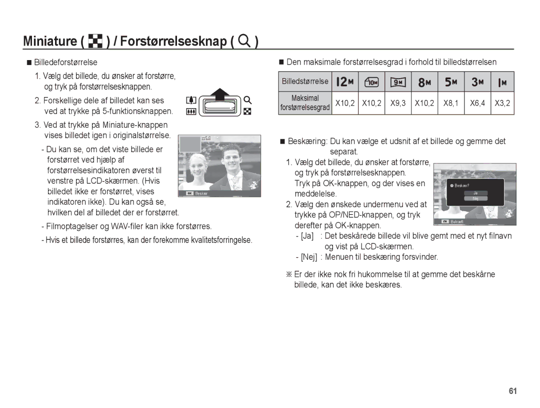 Samsung EC-PL55ZZBPUE2 manual Billedeforstørrelse, Ved at trykke på Miniature-knappen, Tryk på OK-knappen, og der vises en 