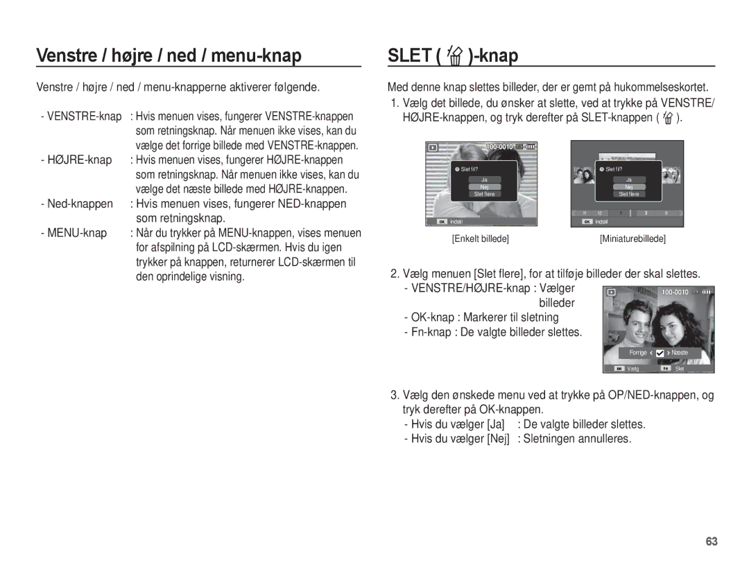 Samsung EC-PL55ZZBPUE2, EC-PL55ZZBPSE2 manual Venstre / højre / ned / menu-knap, Slet Õ-knap 