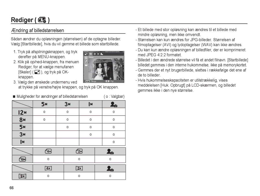 Samsung EC-PL55ZZBPSE2, EC-PL55ZZBPUE2 manual Rediger, Ændring af billedstørrelsen, Skaler Og tryk på OK Knappen 