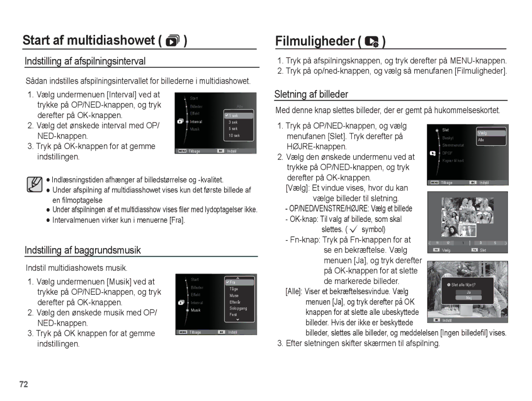 Samsung EC-PL55ZZBPSE2, EC-PL55ZZBPUE2 manual Filmuligheder, Indstilling af afspilningsinterval, Sletning af billeder 