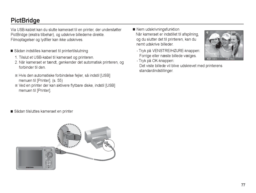 Samsung EC-PL55ZZBPUE2, EC-PL55ZZBPSE2 manual PictBridge, Tryk på OK-knappen, Standardindstillinger 