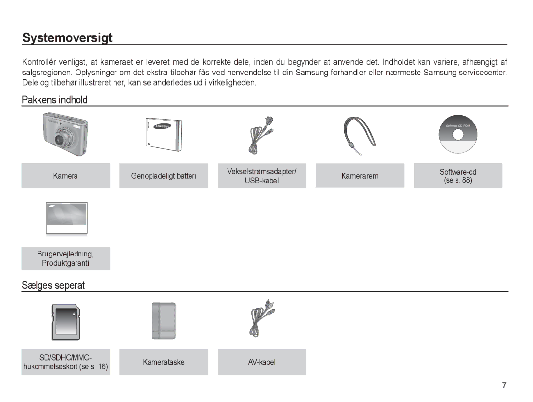 Samsung EC-PL55ZZBPUE2, EC-PL55ZZBPSE2 manual Systemoversigt, Pakkens indhold, Sælges seperat 