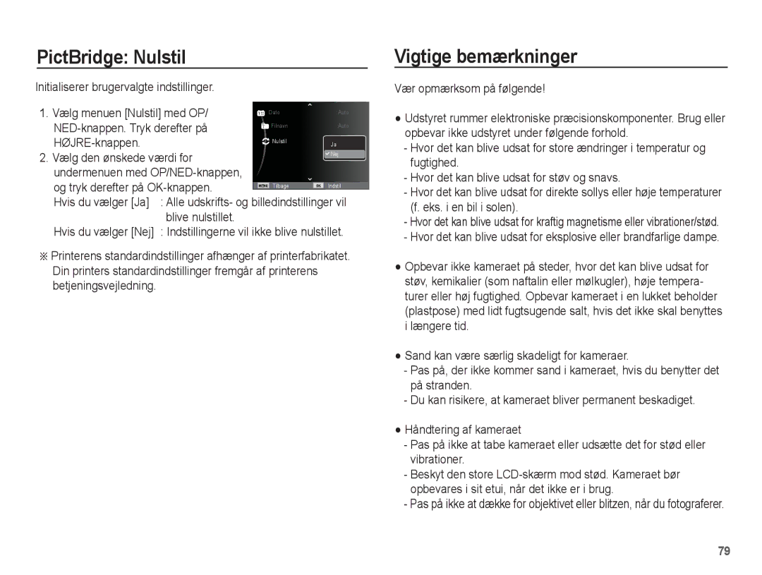 Samsung EC-PL55ZZBPUE2 PictBridge Nulstil, Vigtige bemærkninger, NED-knappen. Tryk derefter på, Vælg den ønskede værdi for 