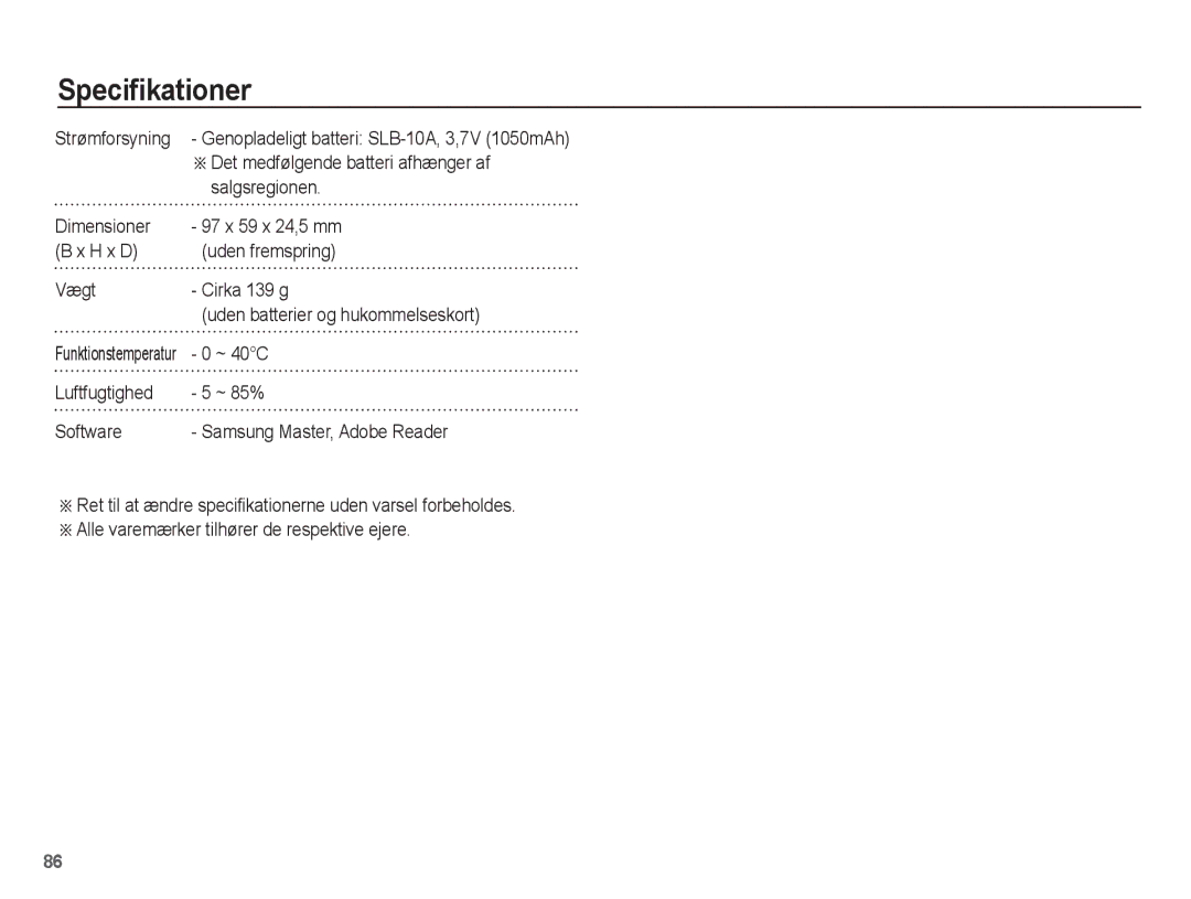 Samsung EC-PL55ZZBPSE2, EC-PL55ZZBPUE2 manual ÄDet medfølgende batteri afhænger af, Salgsregionen, ~ 40C, Strømforsyning 