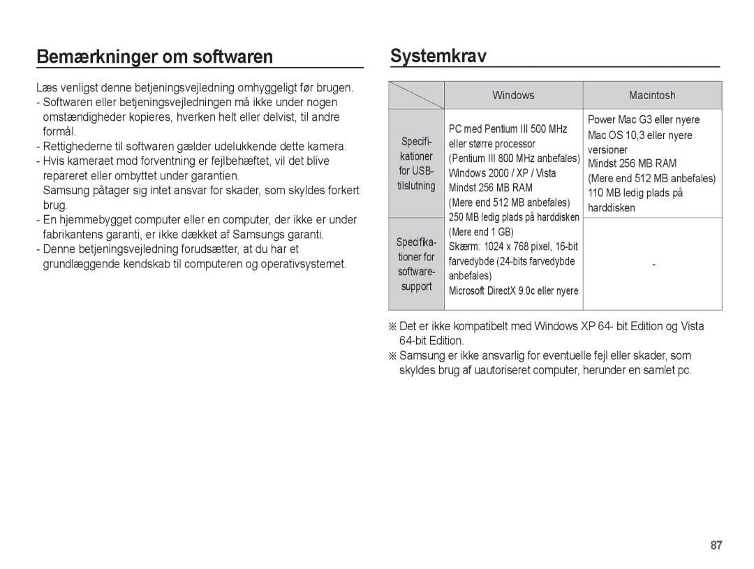 Samsung EC-PL55ZZBPUE2, EC-PL55ZZBPSE2 manual Bemærkninger om softwaren, Systemkrav 