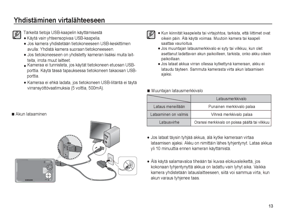 Samsung EC-PL55ZZBPUE2, EC-PL55ZZBPSE2 manual Akun lataaminen, Muuntajan latausmerkkivalo, Latausmerkkivalo 