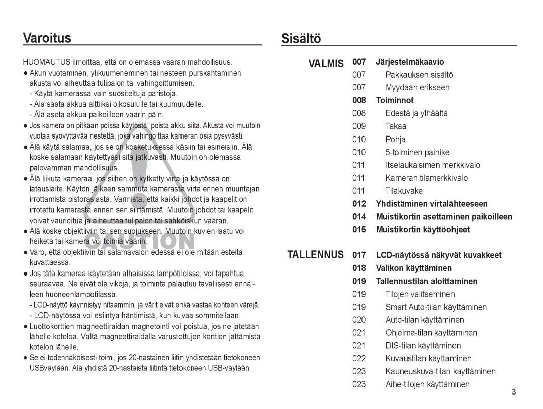 Samsung EC-PL55ZZBPUE2, EC-PL55ZZBPSE2 manual Sisältö 