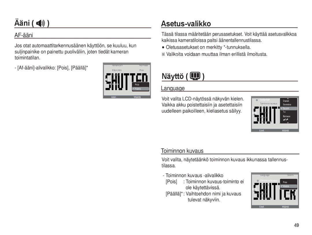 Samsung EC-PL55ZZBPUE2, EC-PL55ZZBPSE2 manual Asetus-valikko, Näyttö, AF-ääni, Language, Toiminnon kuvaus 