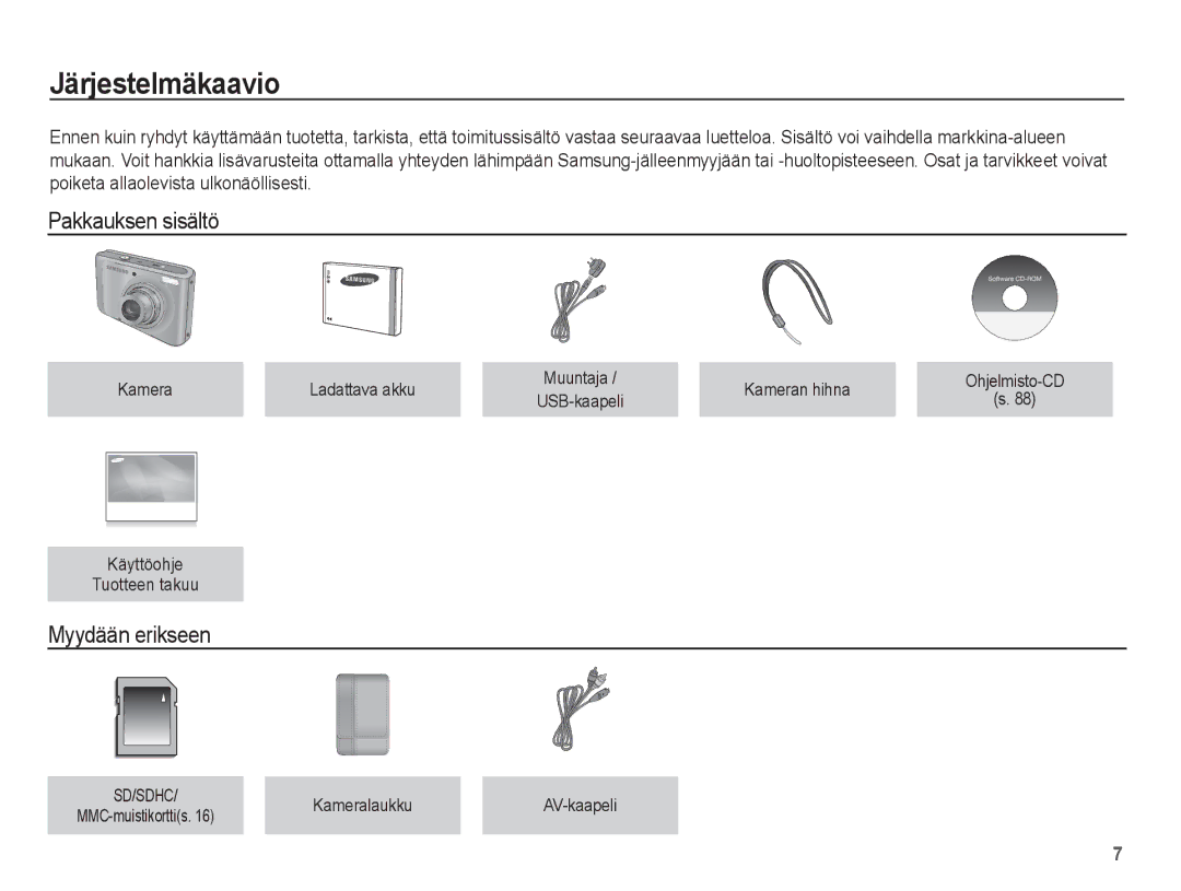 Samsung EC-PL55ZZBPUE2, EC-PL55ZZBPSE2 manual Järjestelmäkaavio, Pakkauksen sisältö, Myydään erikseen 