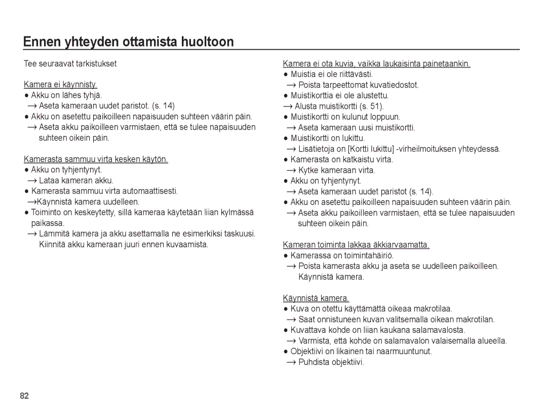 Samsung EC-PL55ZZBPSE2, EC-PL55ZZBPUE2 manual Ennen yhteyden ottamista huoltoon 