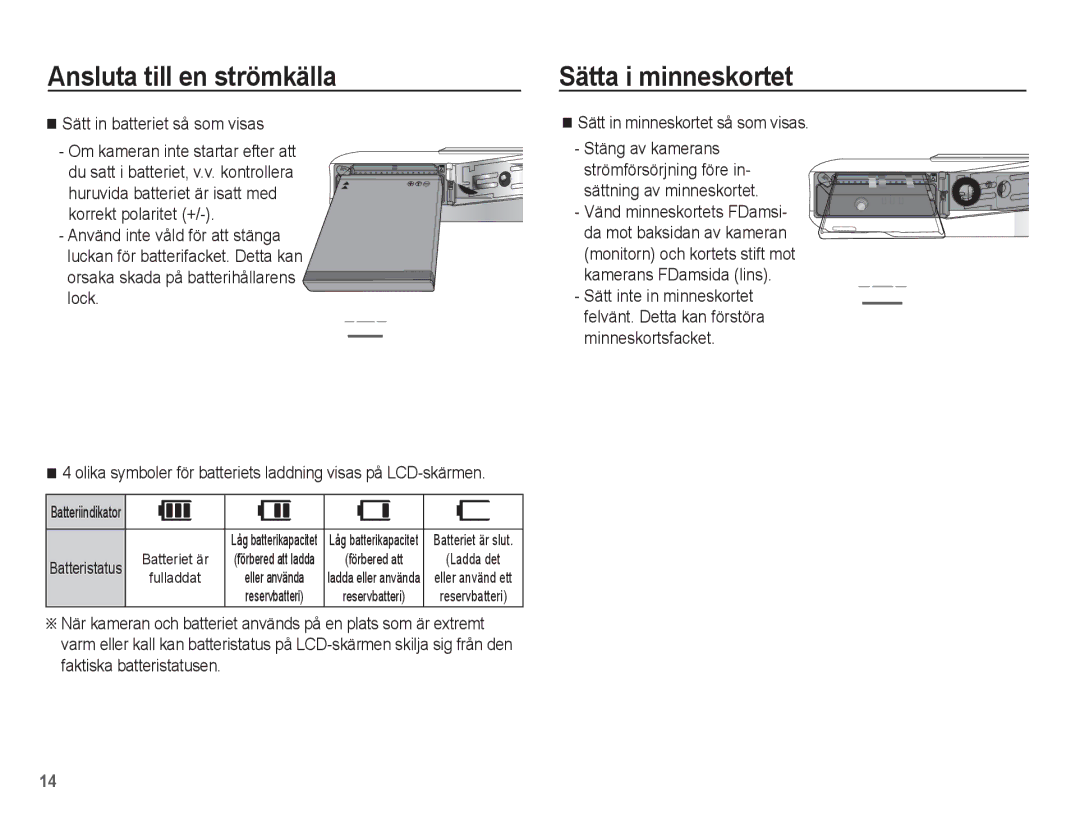 Samsung EC-PL55ZZBPSE2 manual Sätta i minneskortet, Sätt in batteriet så som visas, Orsaka skada på batterihållarens lock 