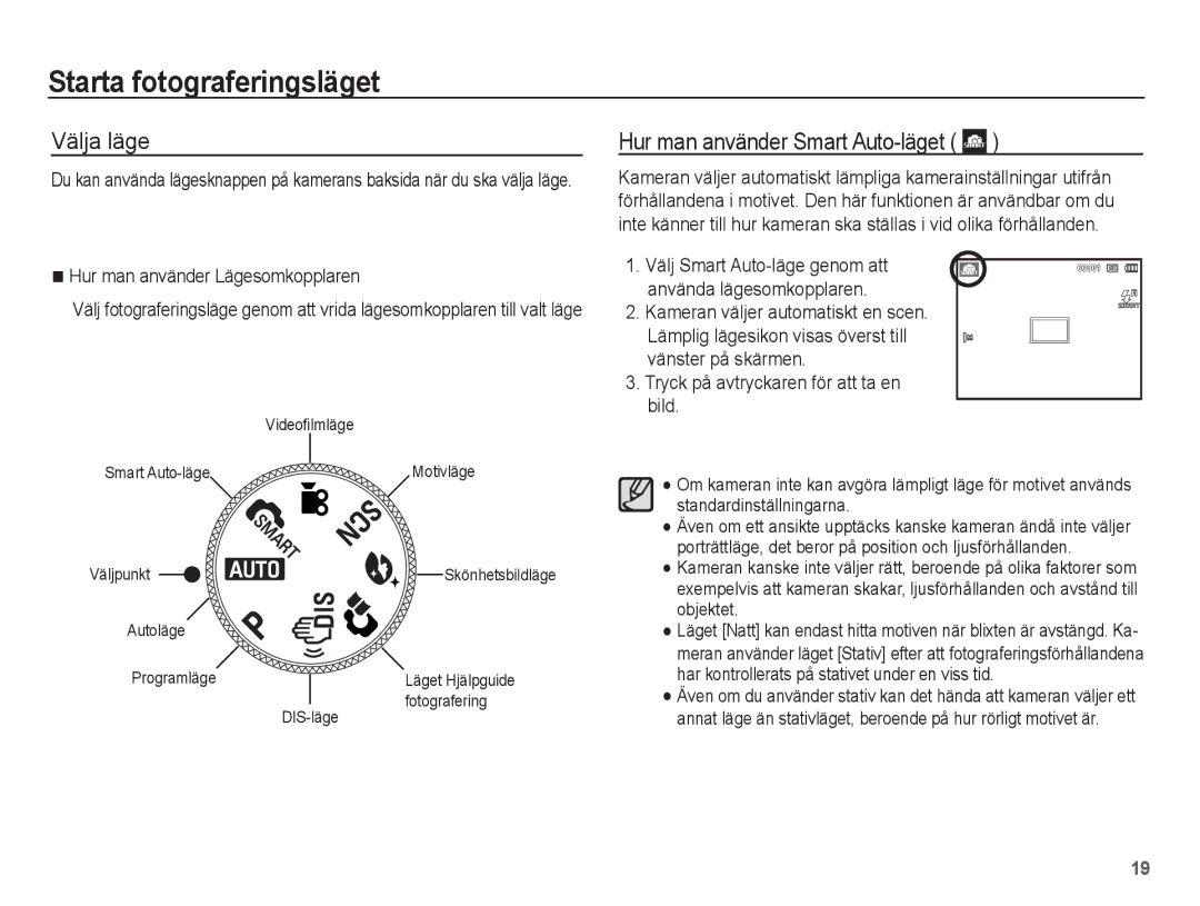 Samsung EC-PL55ZZBPUE2, EC-PL55ZZBPSE2 manual Starta fotograferingsläget, Välja läge, Hur man använder Smart Auto-läget 