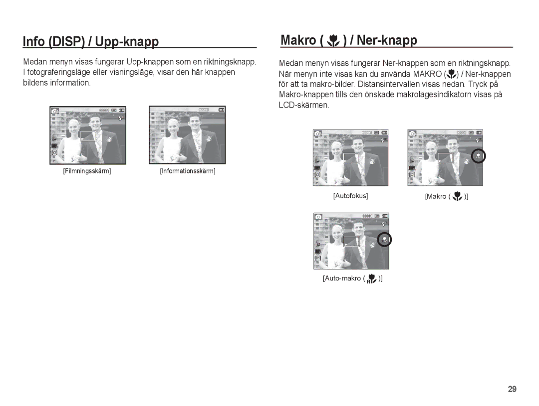 Samsung EC-PL55ZZBPUE2, EC-PL55ZZBPSE2 manual Info Disp / Upp-knapp, Makro / Ner-knapp 