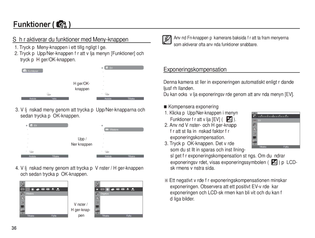 Samsung EC-PL55ZZBPSE2 Så här aktiverar du funktioner med Meny-knappen, Exponeringskompensation, Skärmens vänstra sida 