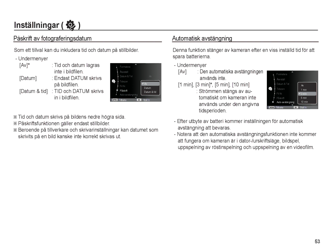 Samsung EC-PL55ZZBPUE2, EC-PL55ZZBPSE2 manual Påskrift av fotograferingsdatum, Automatisk avstängning 