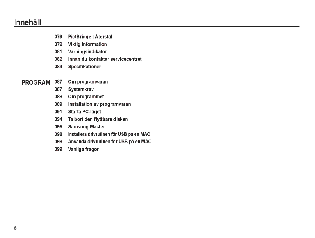 Samsung EC-PL55ZZBPSE2, EC-PL55ZZBPUE2 manual Innehåll 