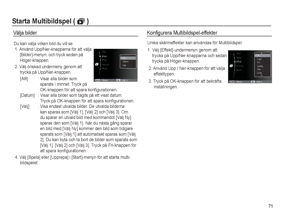 Samsung EC-PL55ZZBPUE2, EC-PL55ZZBPSE2 manual Välja bilder Konfigurera Multibildspel-effekter 