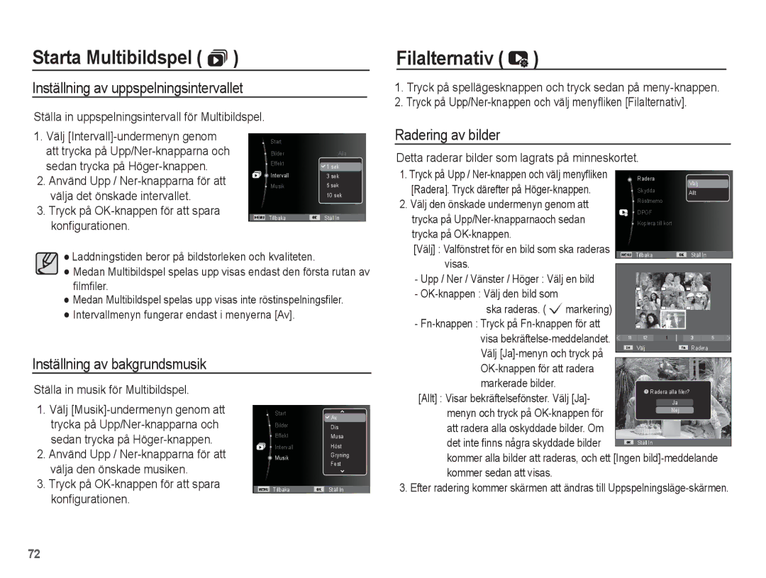 Samsung EC-PL55ZZBPSE2, EC-PL55ZZBPUE2 manual Filalternativ, Inställning av uppspelningsintervallet, Radering av bilder 