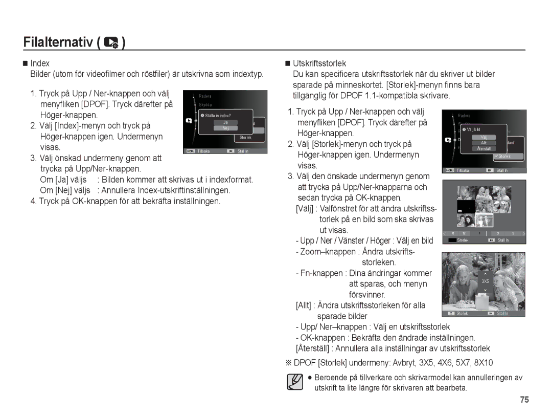 Samsung EC-PL55ZZBPUE2 Index, Tryck på Upp / Ner-knappen och välj, Menyfliken DPOF. Tryck därefter på, Visas, Om Ja väljs 