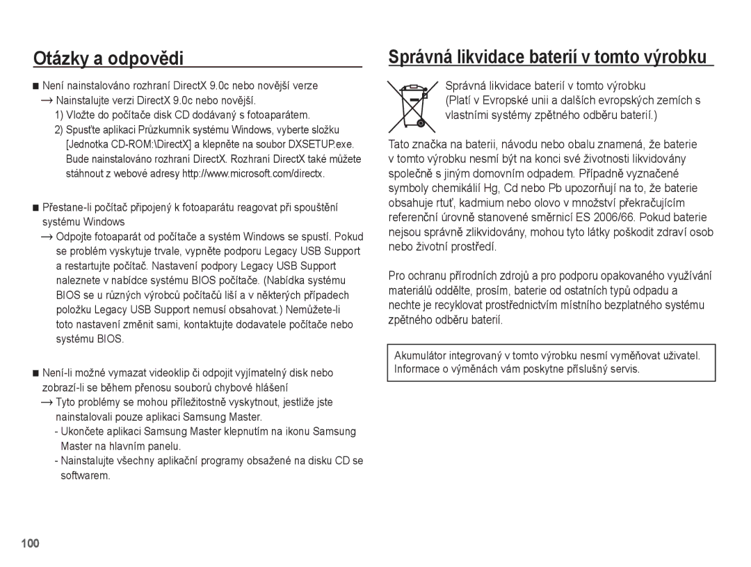 Samsung EC-PL55ZZBPBE3, EC-PL55ZZBPUE3, EC-PL55ZZBPSE3, EC-PL55ZZBPRE3 manual Správná likvidace baterií v tomto výrobku 