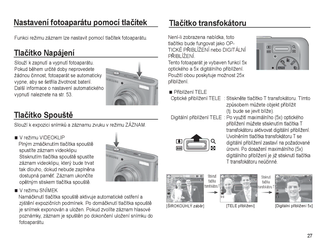 Samsung EC-PL55ZZBPUE3 Nastavení fotoaparátu pomocí tlaþítek, Tlaþítko Napájení, Tlaþítko SpouštČ, Tlaþítko transfokátoru 