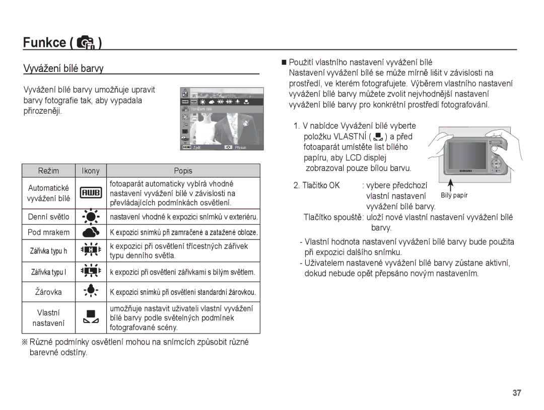 Samsung EC-PL55ZZBPSE3 manual Barvy fotograﬁe tak, aby vypadala PĜirozenČji, Použití vlastního nastavení vyvážení bílé 