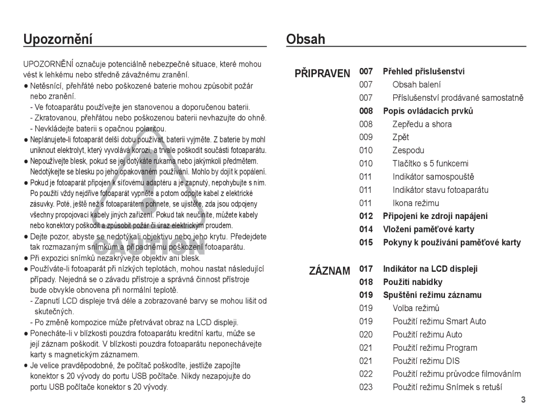 Samsung EC-PL55ZZBPUE3, EC-PL55ZZBPBE3 manual UpozornČní Obsah, Obsah balení 007 PĜíslušenství prodávané samostatnČ 