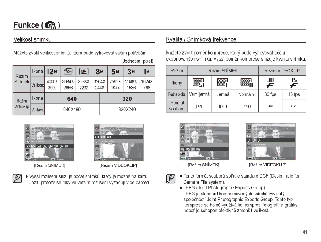 Samsung EC-PL55ZZBPSE3, EC-PL55ZZBPUE3, EC-PL55ZZBPBE3, EC-PL55ZZBPRE3 manual Velikost snímku Kvalita / Snímková frekvence 