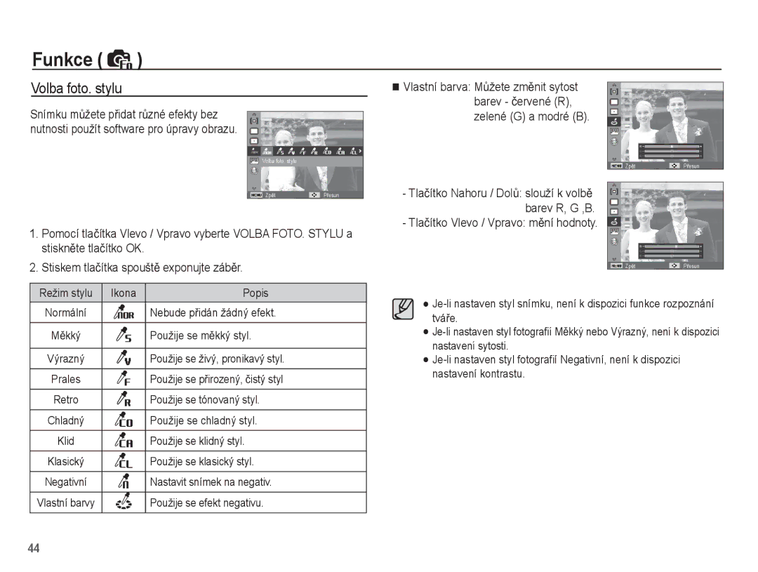 Samsung EC-PL55ZZBPBE3, EC-PL55ZZBPUE3, EC-PL55ZZBPSE3, EC-PL55ZZBPRE3 manual Volba foto. stylu 