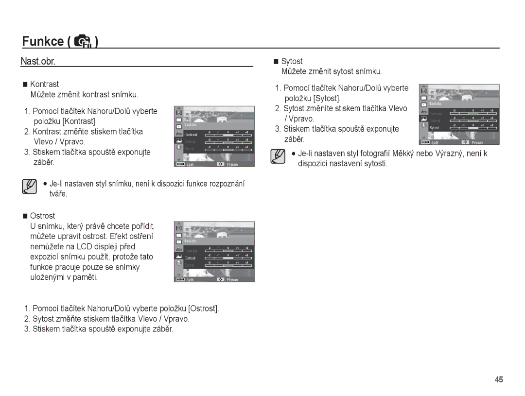 Samsung EC-PL55ZZBPSE3, EC-PL55ZZBPUE3 Nast.obr, Položku Kontrast, Vlevo / Vpravo, ZábČr, Kontrast zmČĖte stiskem tlaþítka 