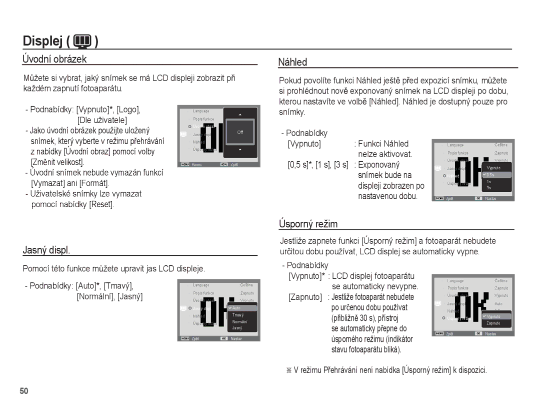 Samsung EC-PL55ZZBPRE3, EC-PL55ZZBPUE3, EC-PL55ZZBPBE3, EC-PL55ZZBPSE3 manual Jasný displ Úsporný režim 