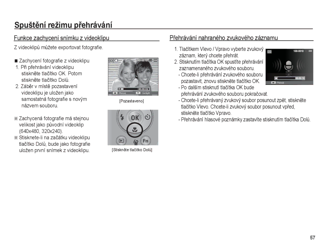 Samsung EC-PL55ZZBPSE3, EC-PL55ZZBPUE3 manual Funkce zachycení snímku z videoklipu, PĜehrávání nahraného zvukového záznamu 