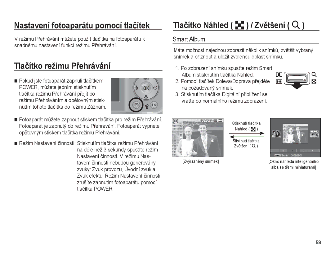 Samsung EC-PL55ZZBPUE3, EC-PL55ZZBPBE3 manual Tlaþítko režimu PĜehrávání, Tlaþítko Náhled º / ZvČtšení í, Smart Album 