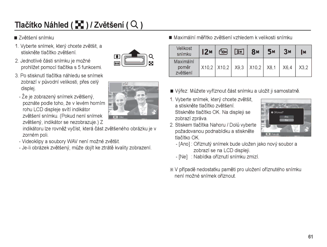 Samsung EC-PL55ZZBPSE3, EC-PL55ZZBPUE3 manual ZvČtšení snímku, Maximální mČĜítko zvČtšení vzhledem k velikosti snímku 