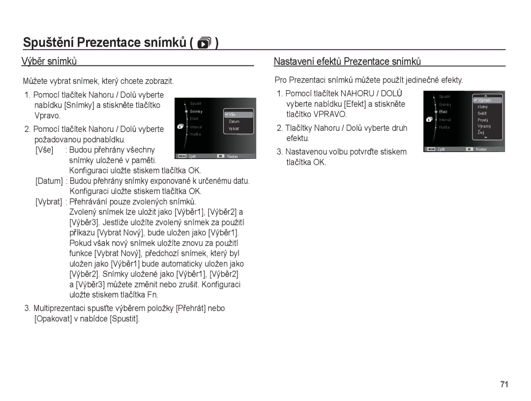 Samsung EC-PL55ZZBPUE3 manual VýbČr snímkĤ, Nastavení efektĤ Prezentace snímkĤ, MĤžete vybrat snímek, který chcete zobrazit 