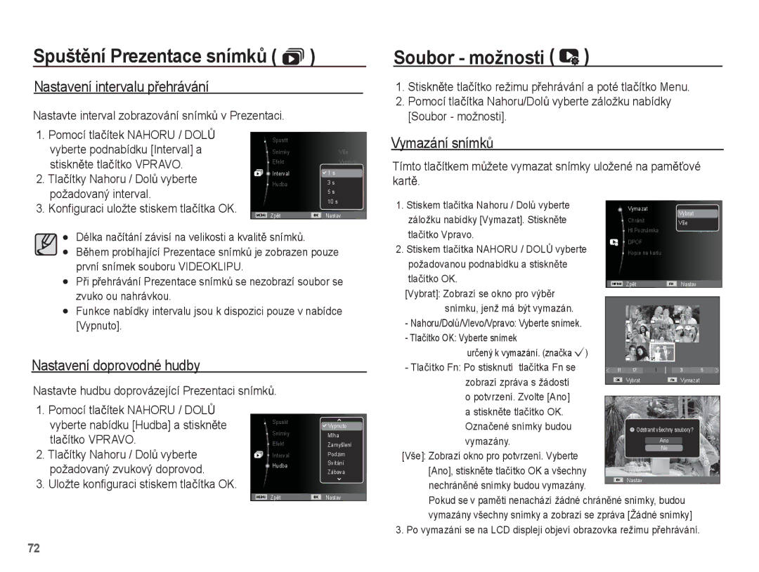 Samsung EC-PL55ZZBPBE3, EC-PL55ZZBPUE3 manual Nastavení intervalu pĜehrávání, Vymazání snímkĤ, Nastavení doprovodné hudby 