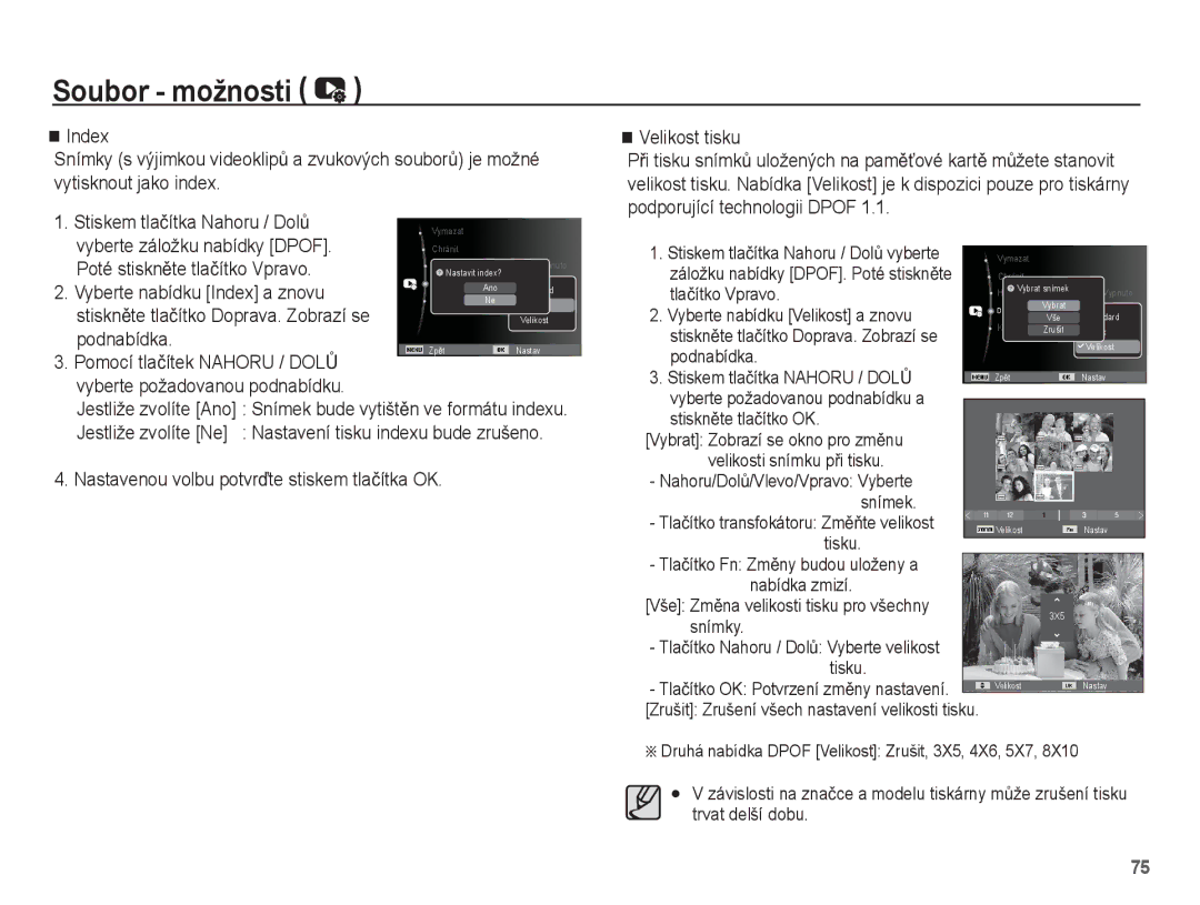 Samsung EC-PL55ZZBPUE3 manual Vyberte záložku nabídky Dpof, Poté stisknČte tlaþítko Vpravo, Vyberte nabídku Index a znovu 