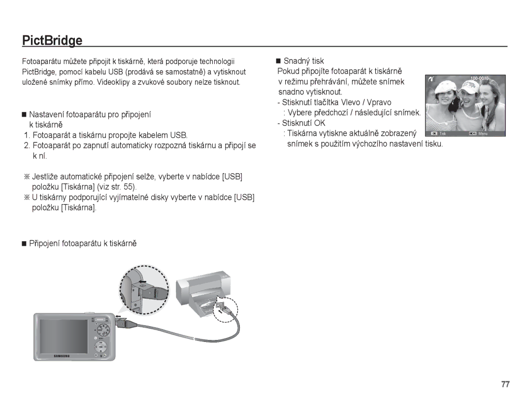 Samsung EC-PL55ZZBPSE3, EC-PL55ZZBPUE3, EC-PL55ZZBPBE3 manual PictBridge, Snímek s použitím výchozího nastavení tisku 