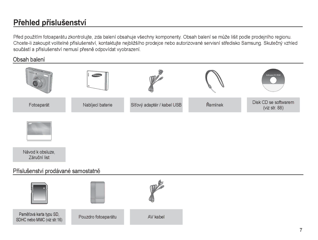 Samsung EC-PL55ZZBPUE3 manual PĜehled pĜíslušenství, Obsah balení, PĜíslušenství prodávané samostatnČ, Pouzdro fotoaparátu 