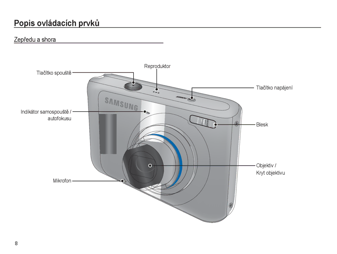 Samsung EC-PL55ZZBPBE3, EC-PL55ZZBPUE3 manual Popis ovládacích prvkĤ, ZepĜedu a shora, Reproduktor Tlaþítko spouštČ 