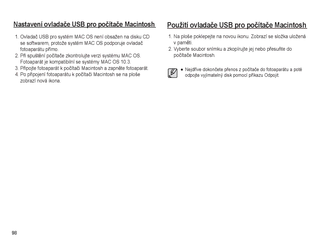 Samsung EC-PL55ZZBPRE3, EC-PL55ZZBPUE3, EC-PL55ZZBPBE3, EC-PL55ZZBPSE3 manual Použití ovladaþe USB pro poþítaþe Macintosh 