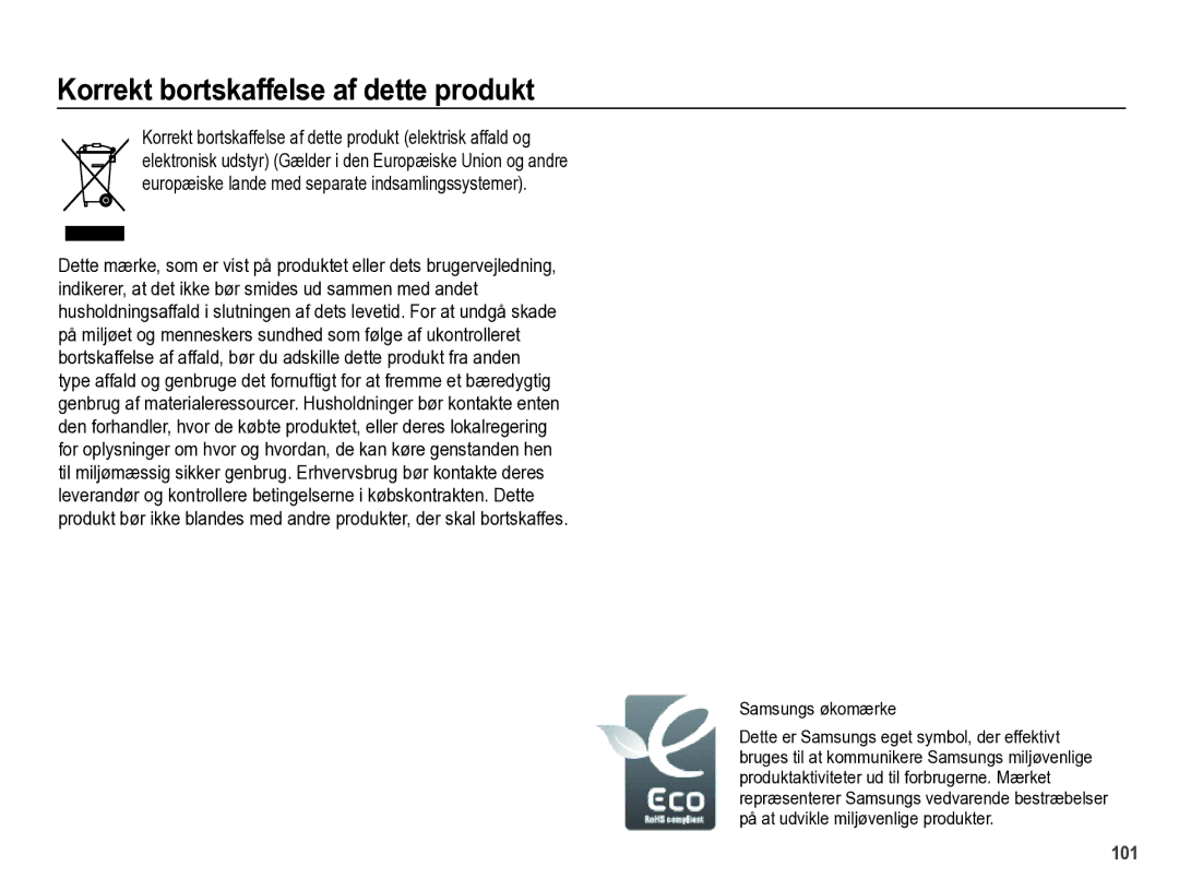 Samsung EC-PL60ZPBP/E2, EC-PL60ZABP/E2, EC-PL60ZBBP/E2 manual Korrekt bortskaffelse af dette produkt, Samsungs økomærke 