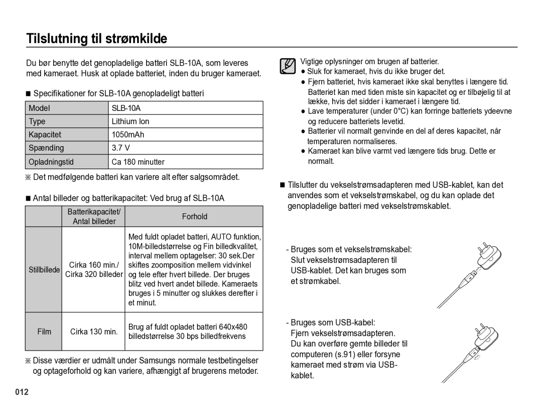 Samsung EC-PL60ZBBP/E2, EC-PL60ZABP/E2 manual Tilslutning til strømkilde, Speciﬁkationer for SLB-10A genopladeligt batteri 