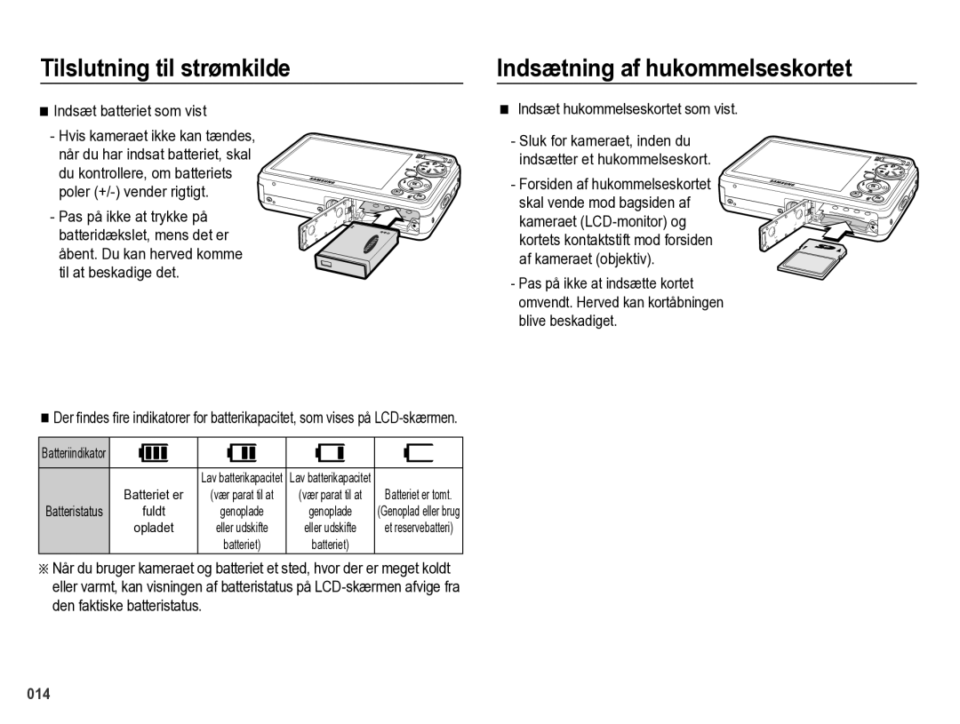 Samsung EC-PL60ZSBP/E2, EC-PL60ZABP/E2, EC-PL60ZBBP/E2 manual Indsætning af hukommelseskortet, Indsæt batteriet som vist 